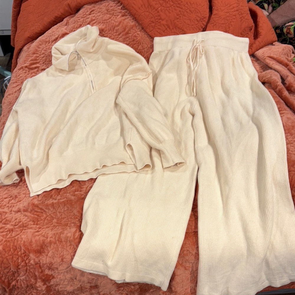 Cream Ribbed Knit Sweater and Pants Set